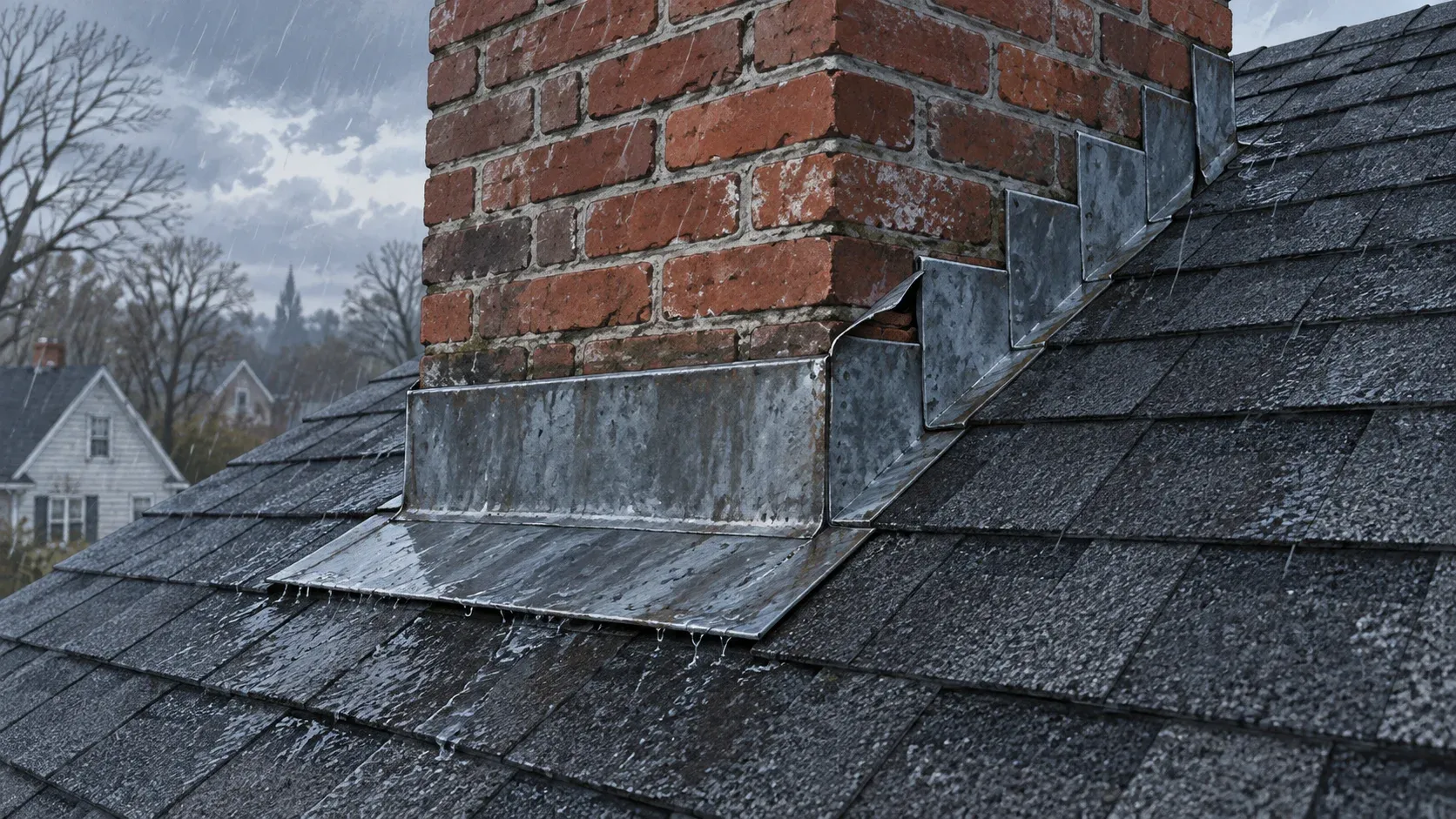Loose metal flashing at the base of a brick chimney on a rain-soaked shingle roof.
