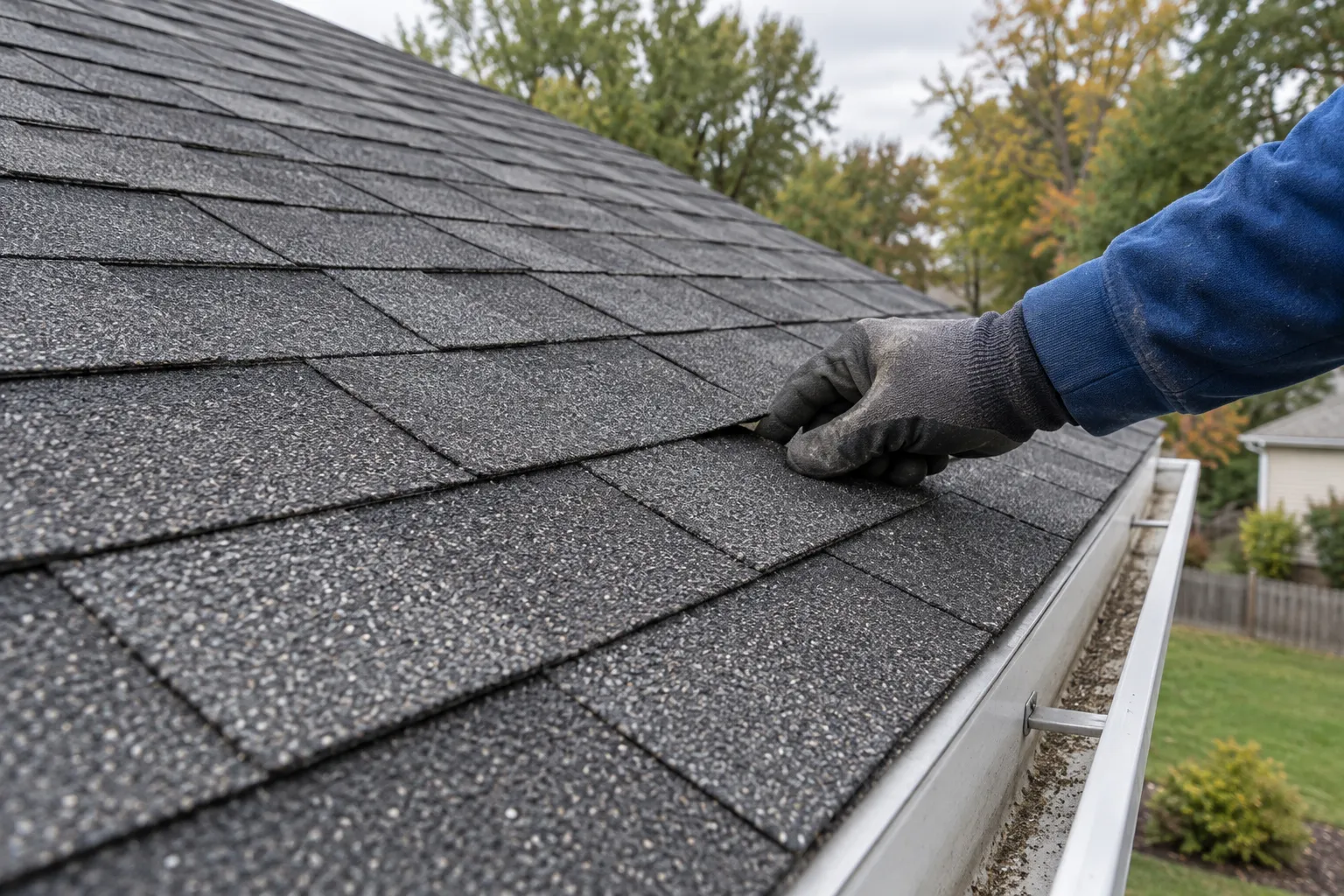 Gloved roofer checking the edge of an asphalt shingle.