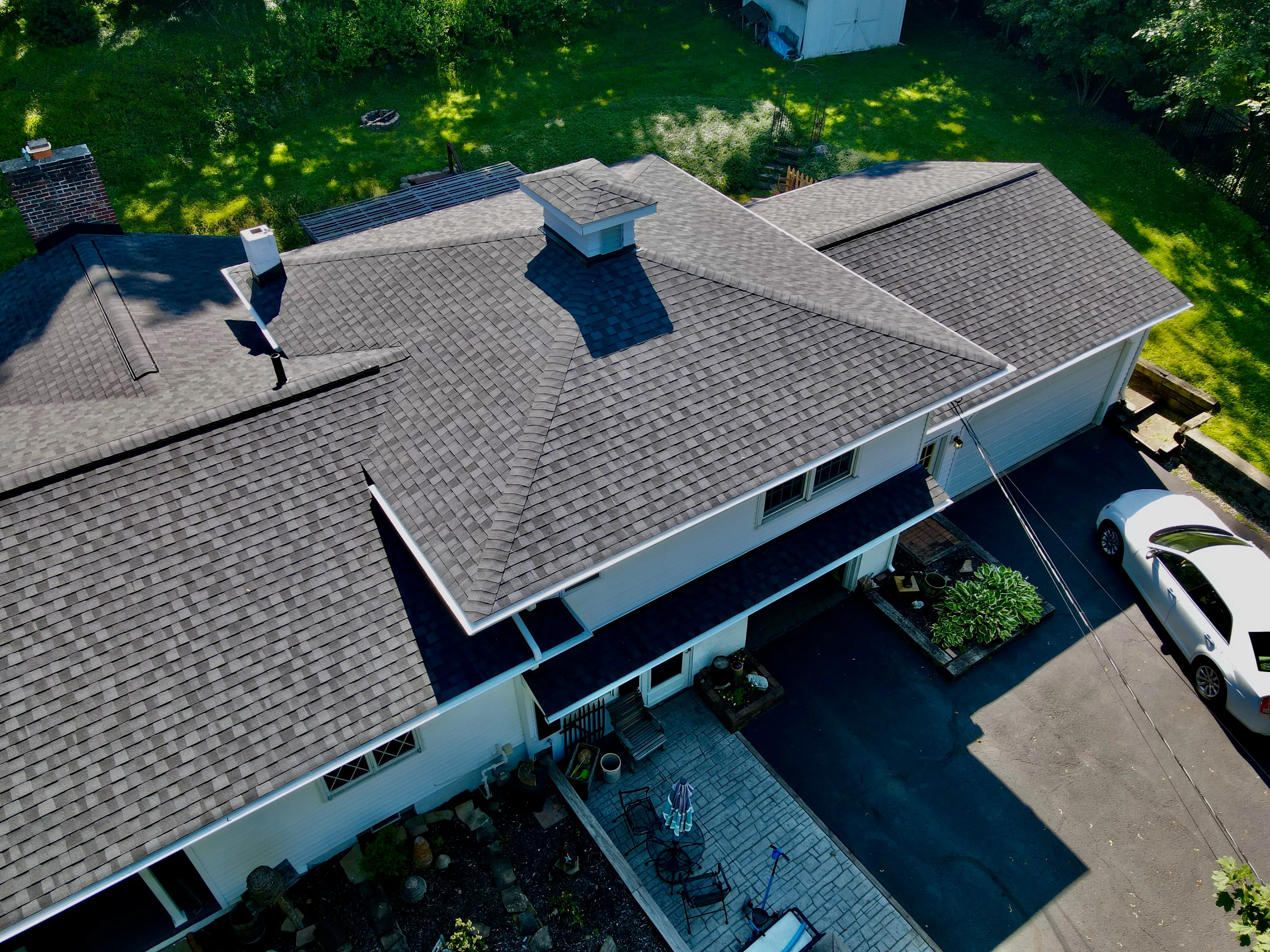 Drone aerial view of a completed HOF Roofing roof on a Canton, Ohio home