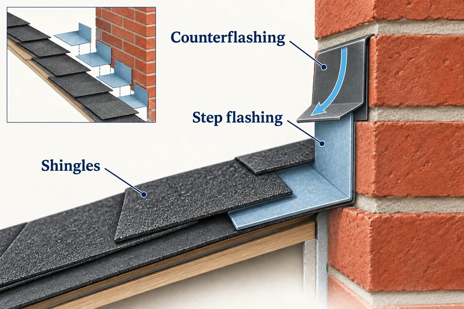 Counterflashing overlapping step flashing beside chimney brickwork, with shingles layered over the roof-side metal.