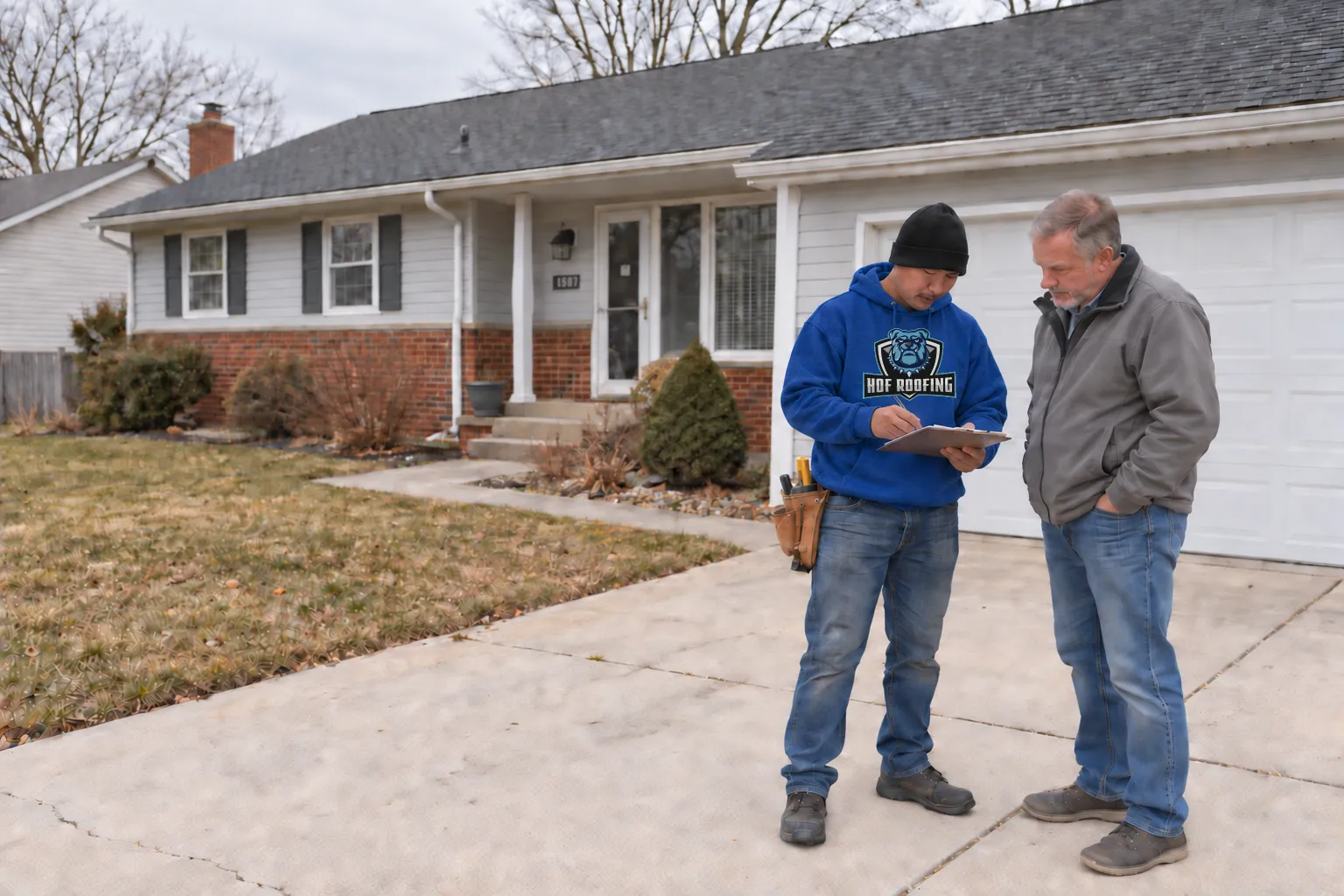 Roofer in a blue HOF Roofing hoodie reviewing inspection notes with a homeowner.
