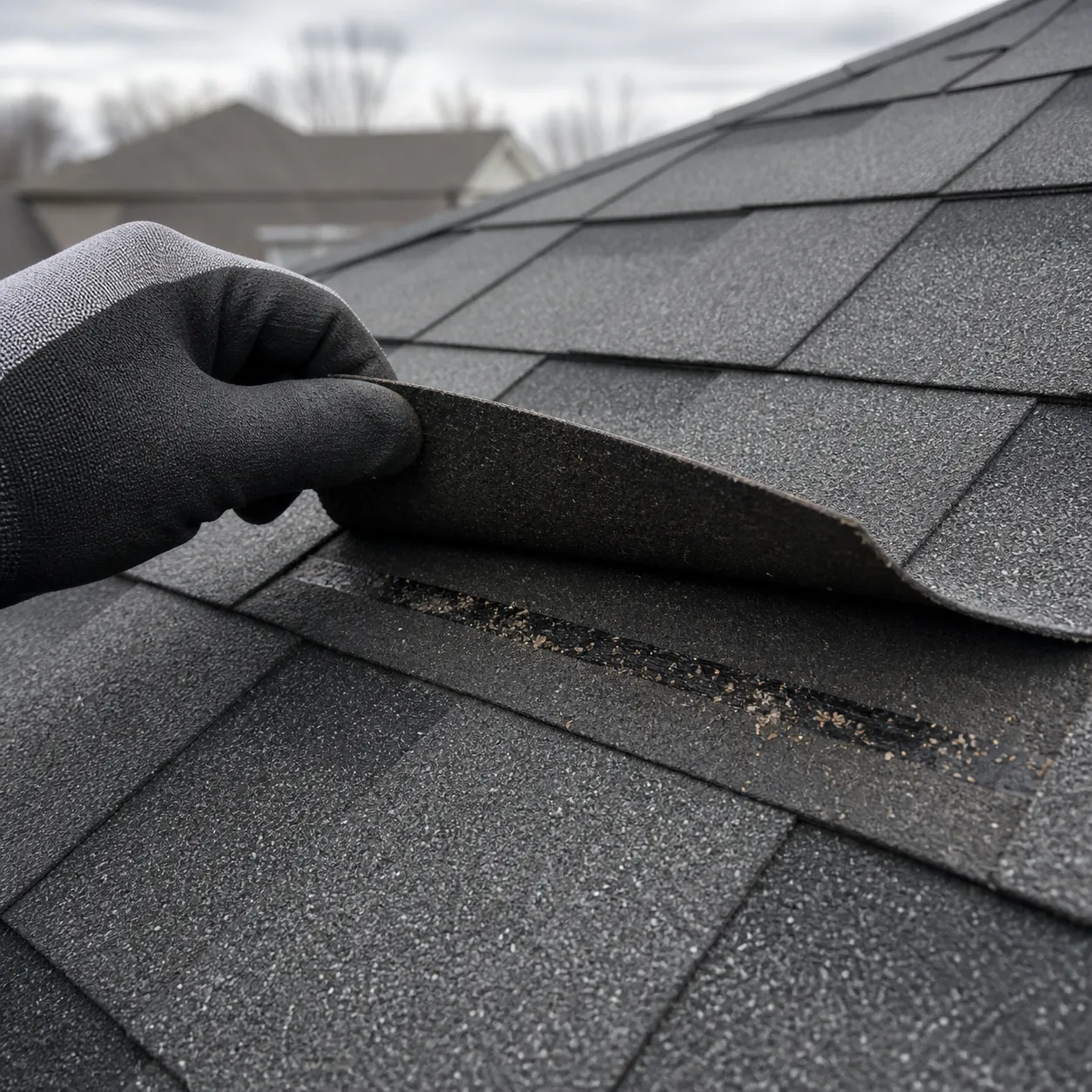 Asphalt shingles lifted by wind showing the broken factory sealant strip underneath.