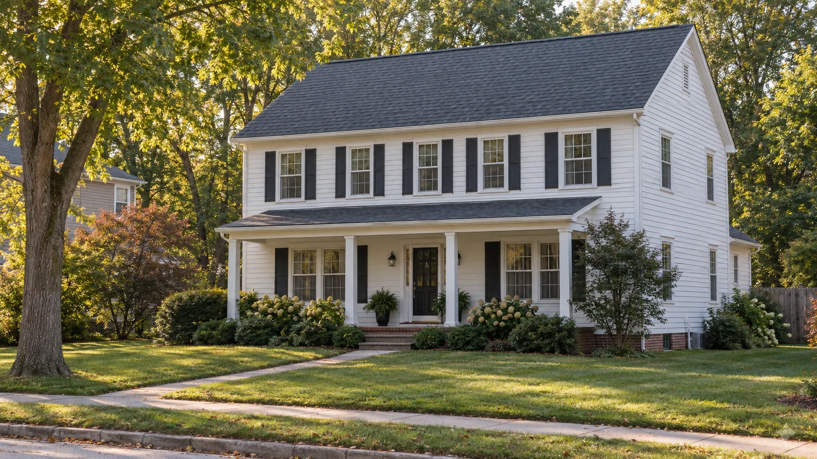 Landscaped two-story home with a newly installed charcoal shingle roof and covered front porch.