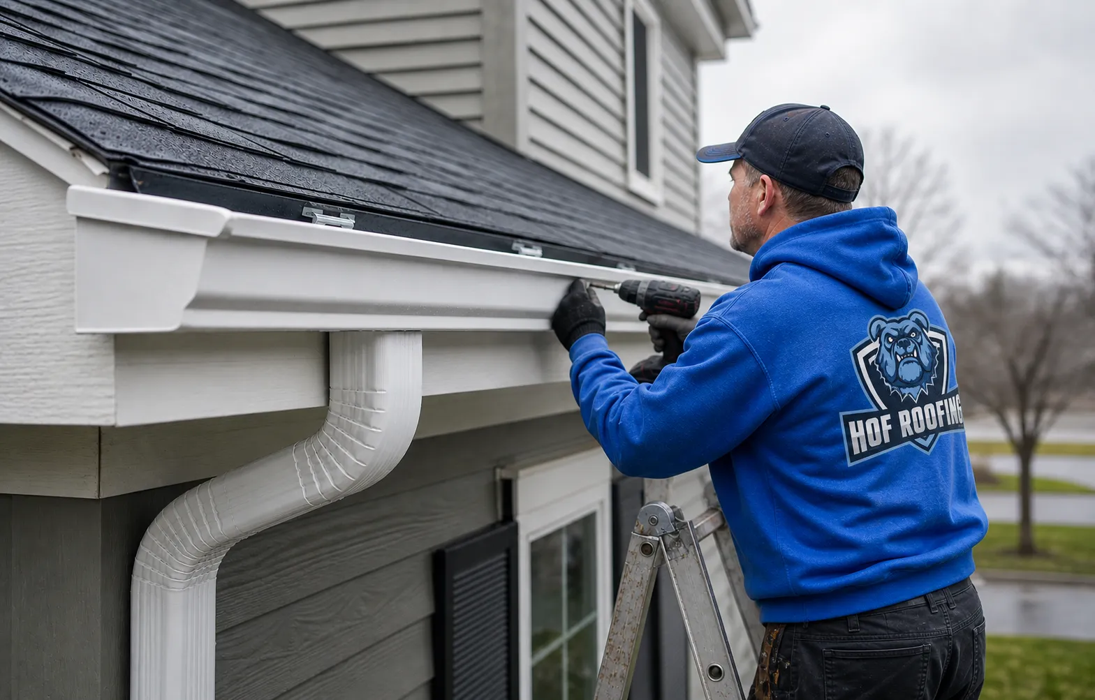 Contractor installing seamless aluminum gutters on a residential home