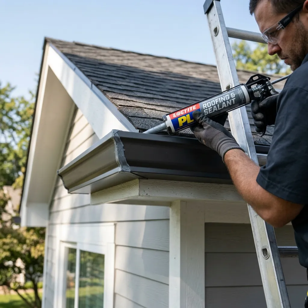 A technician sealing seams on a seamless aluminum gutter system under the eaves of a residential home.