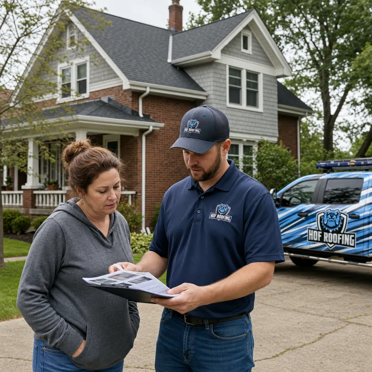 An Akron homeowner reviewing a roof inspection report with a HOF Roofing advisor beside a wrapped company truck.