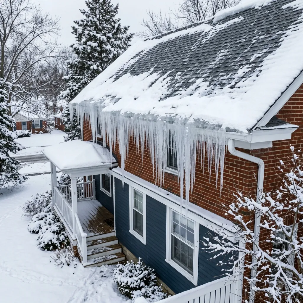 Thick ice build-up along the eaves and gutter of a house roof during a cold Ohio winter, forming icicles.