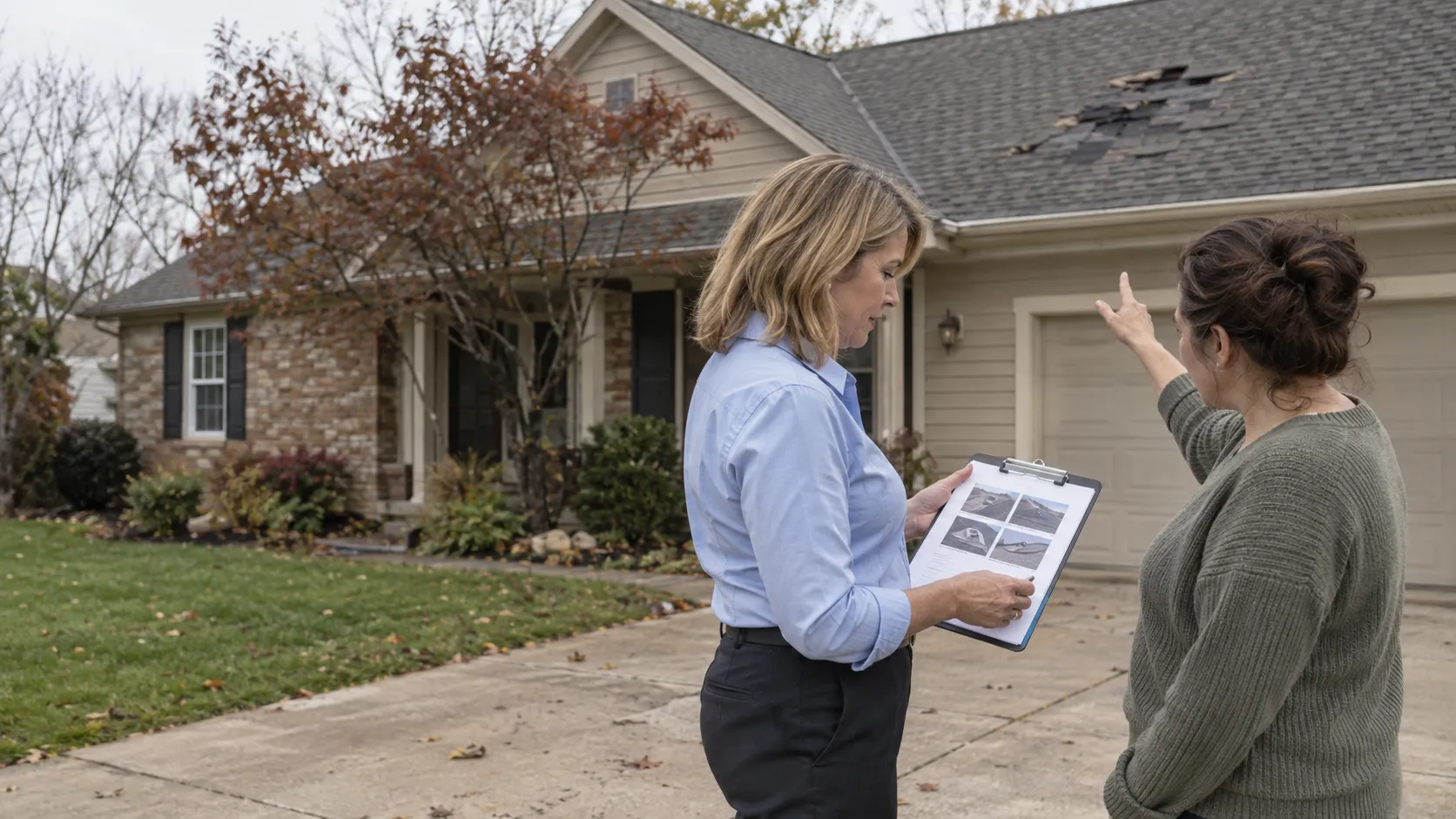 Insurance adjuster reviewing roof inspection photos with a homeowner outside a storm-damaged home.