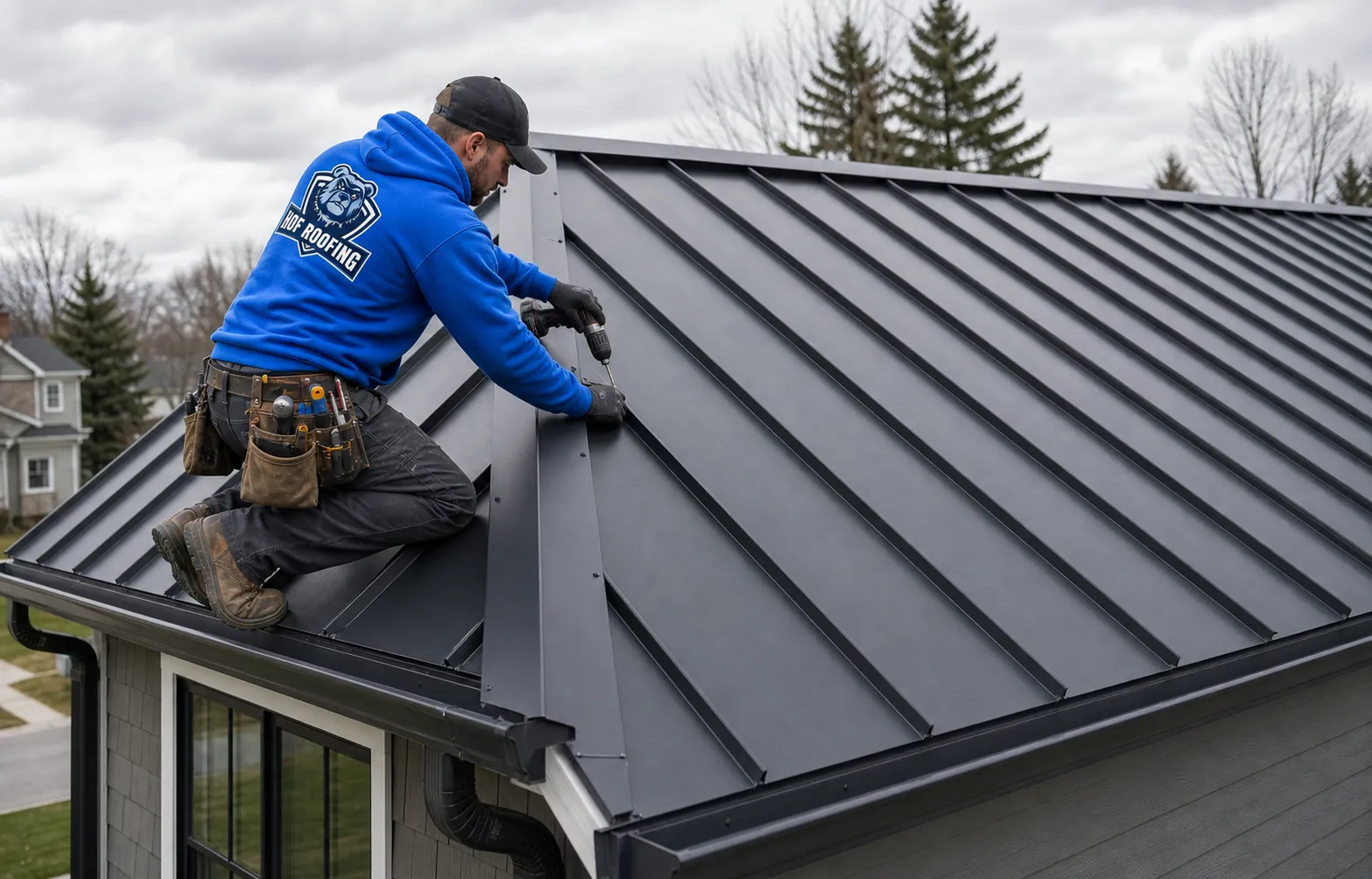 Standing seam metal roof installation on a Northeast Ohio home