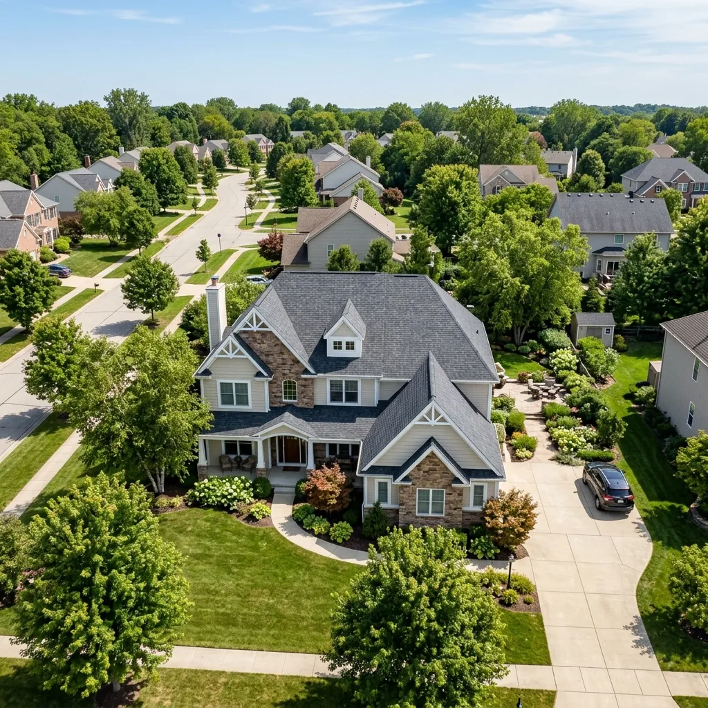 An elegant two-story residential house in Northeast Ohio with a combination of hip and gable rooflines.