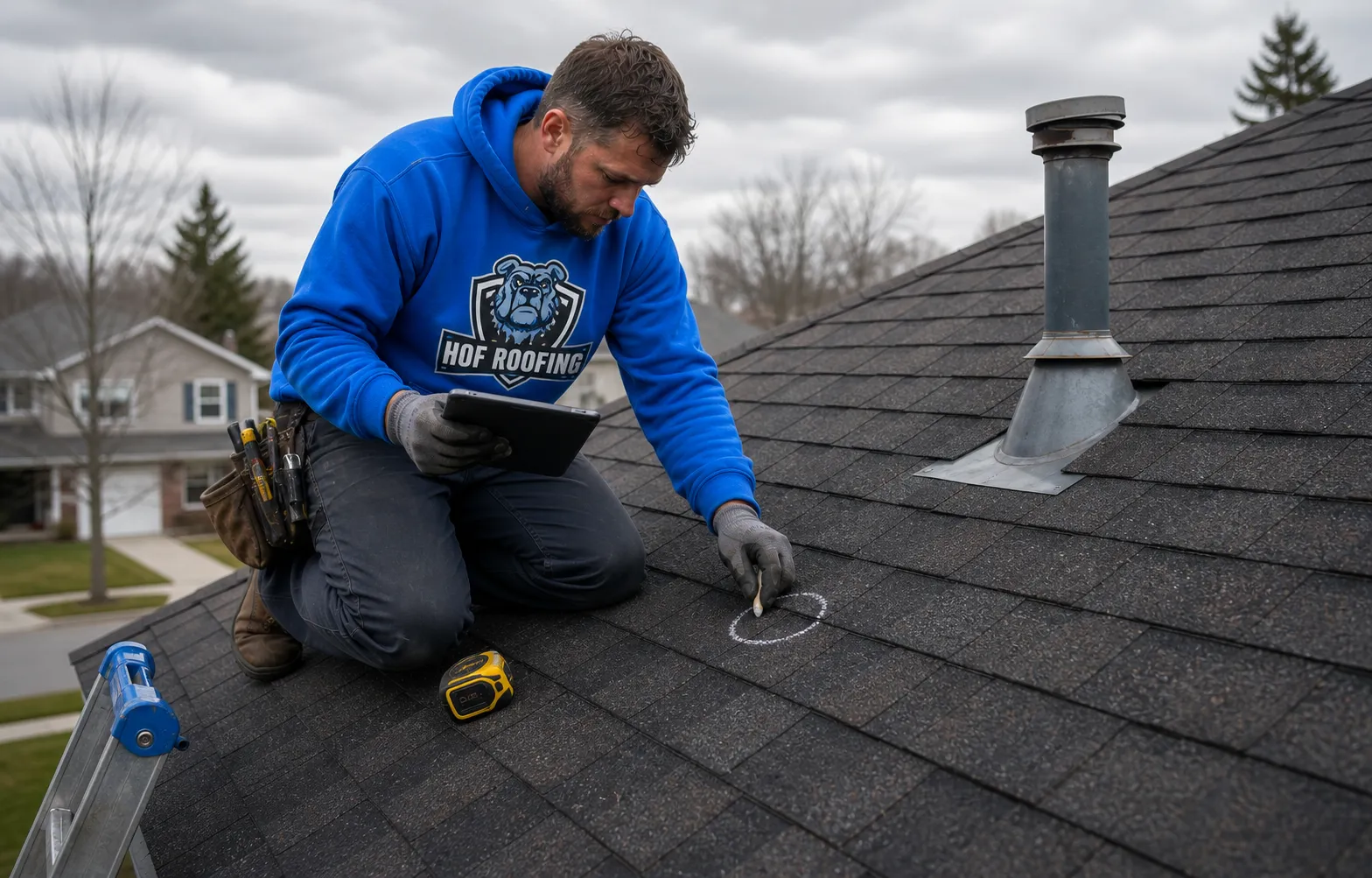 Professional roofer documenting a roof inspection on asphalt shingles