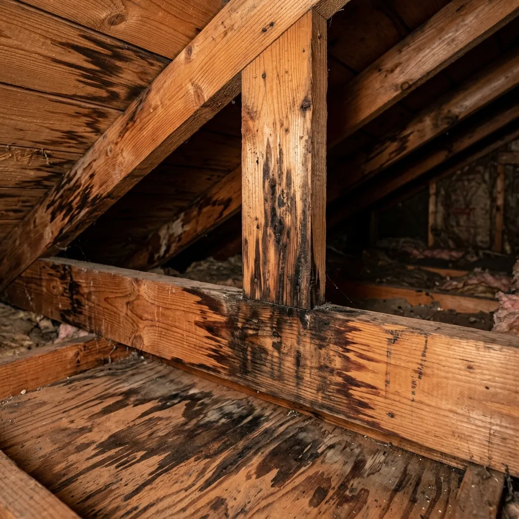 Water damage patterns on wooden rafters inside a dark attic, highlighting a leak source.