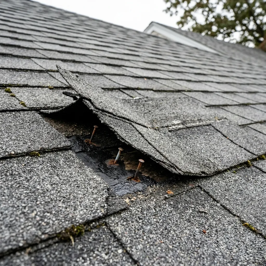 Close-up of wind-lifted architectural shingles on a roof showing broken adhesive seals and creases.