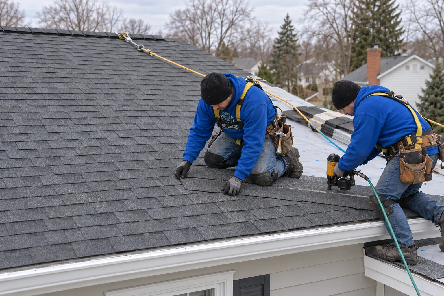 Roofing crew installing charcoal shingles on a residential roof.