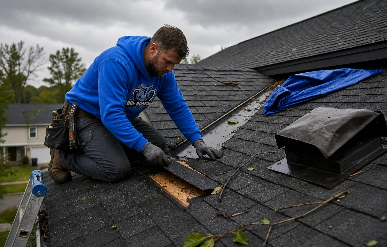 Roofer repairing storm-damaged asphalt shingles after wind and hail damage