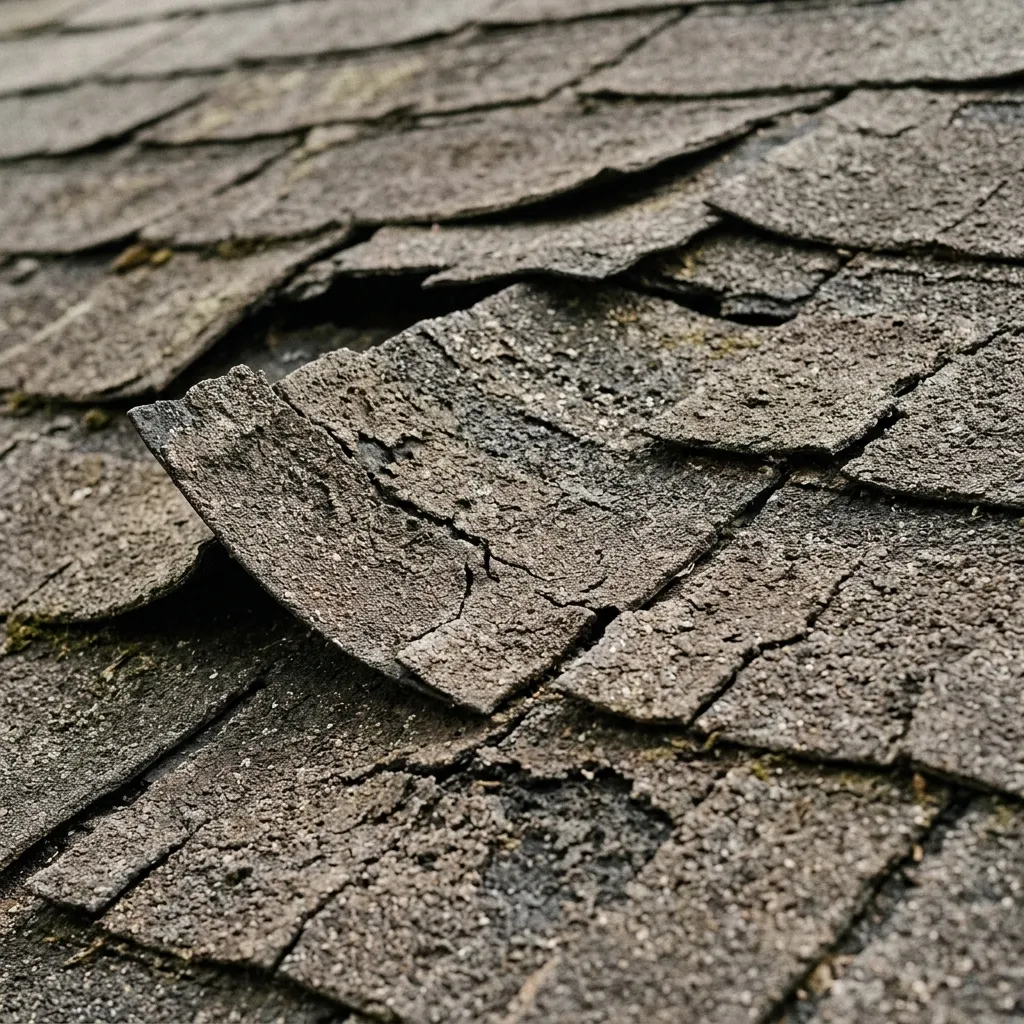 Aged, weathered asphalt shingles showing severe granule loss, curling edges, and cracked tabs.